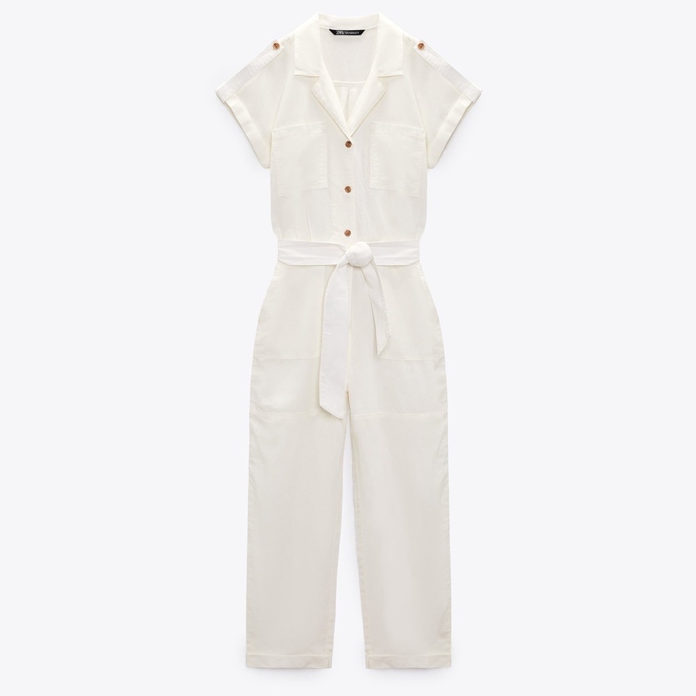 Zara NWT Short Sleeve Linen Blend White Jumpsuit